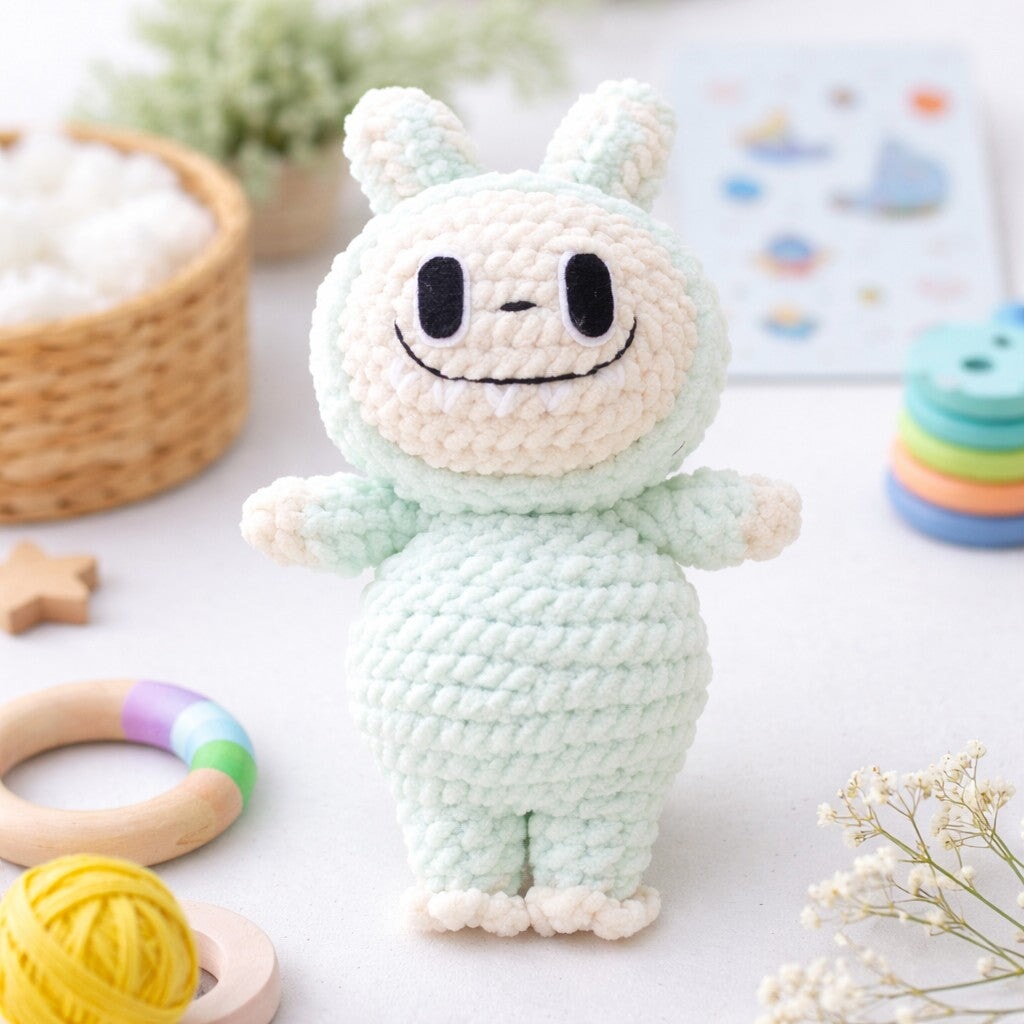 Crocheted Plushie Bunny - Mint (Labubu Inspired) - Made in the USA