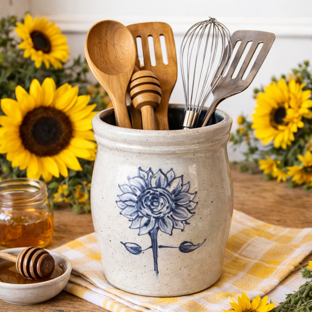 Sunflower Hand Painted Pottery Utensil Holder - Made in the USA