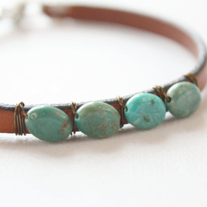 Turquoise Gemstone Boho Leather Bracelet - Made in the USA