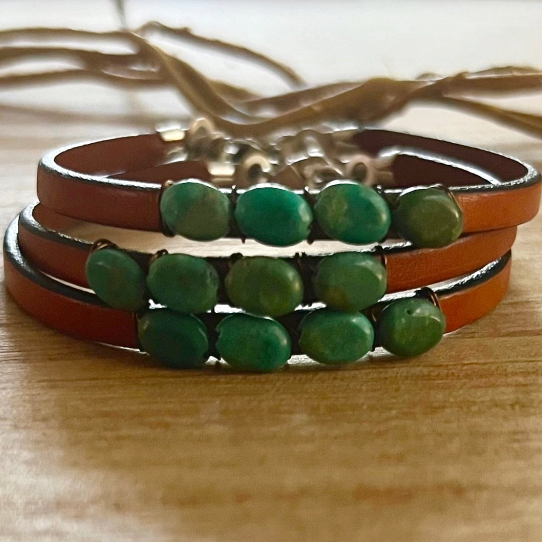 Turquoise Gemstone Boho Leather Bracelet - Made in the USA