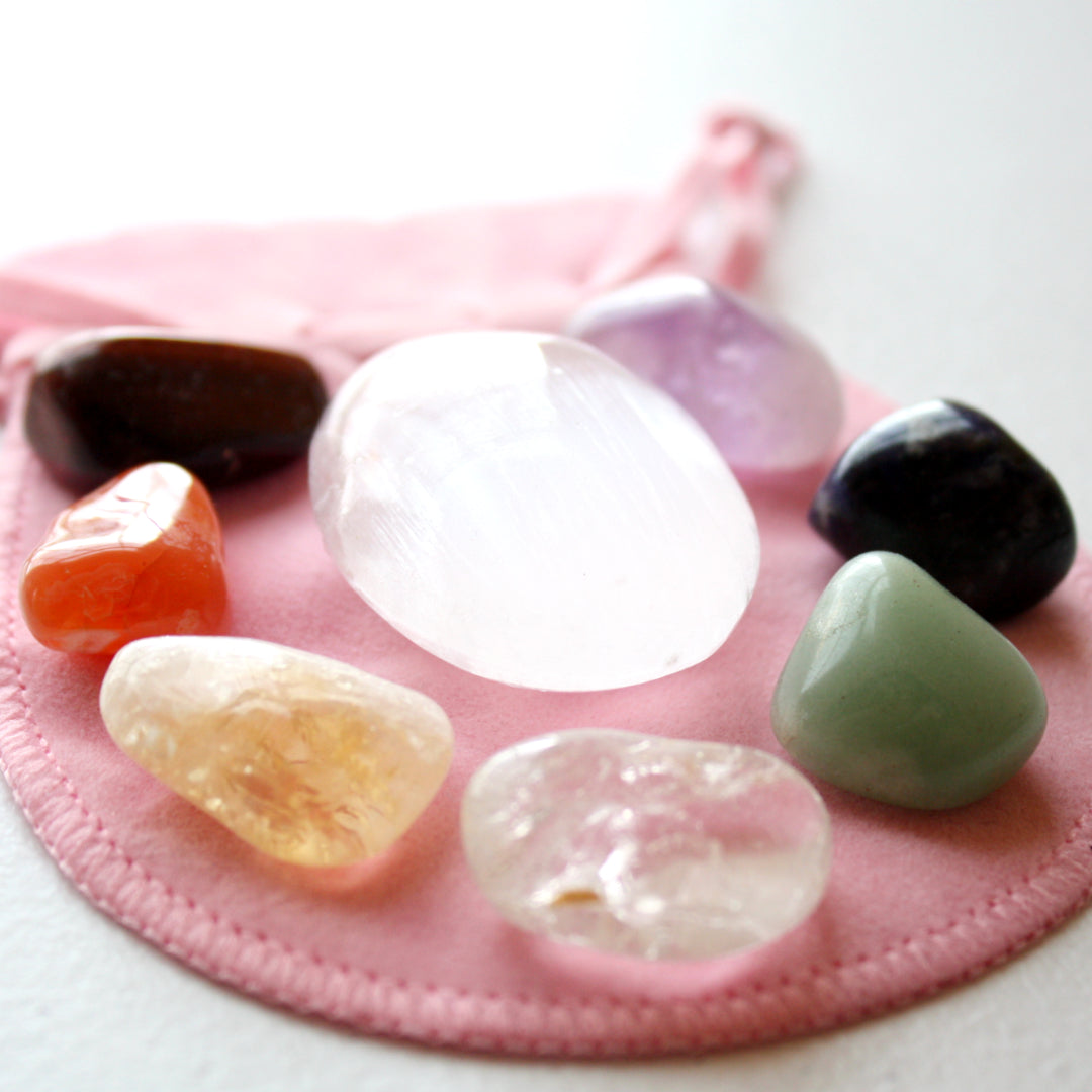 7 Chakra Stone Set with Selenite Palm Stone - Made in the USA