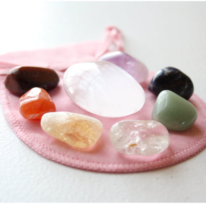 7 Chakra Stone Set with Selenite Palm Stone - Made in the USA