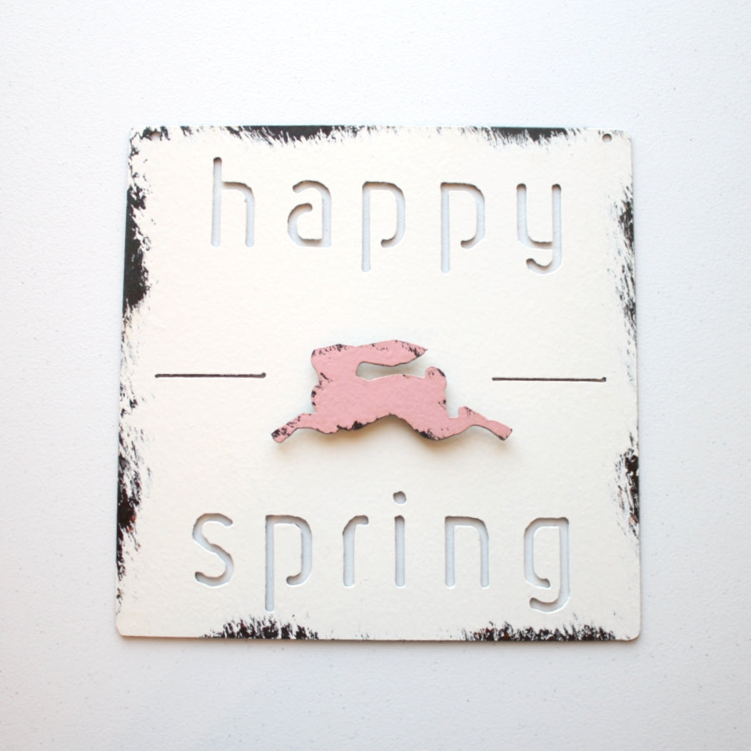 Happy Spring Sign with Pink Bunny - Made in the USA