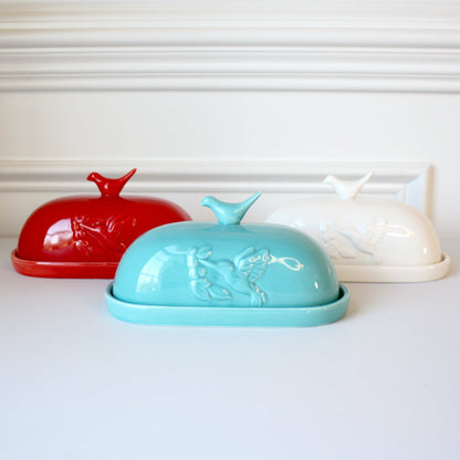 Porcelain Hummingbird Butter Dish - Made in the USA