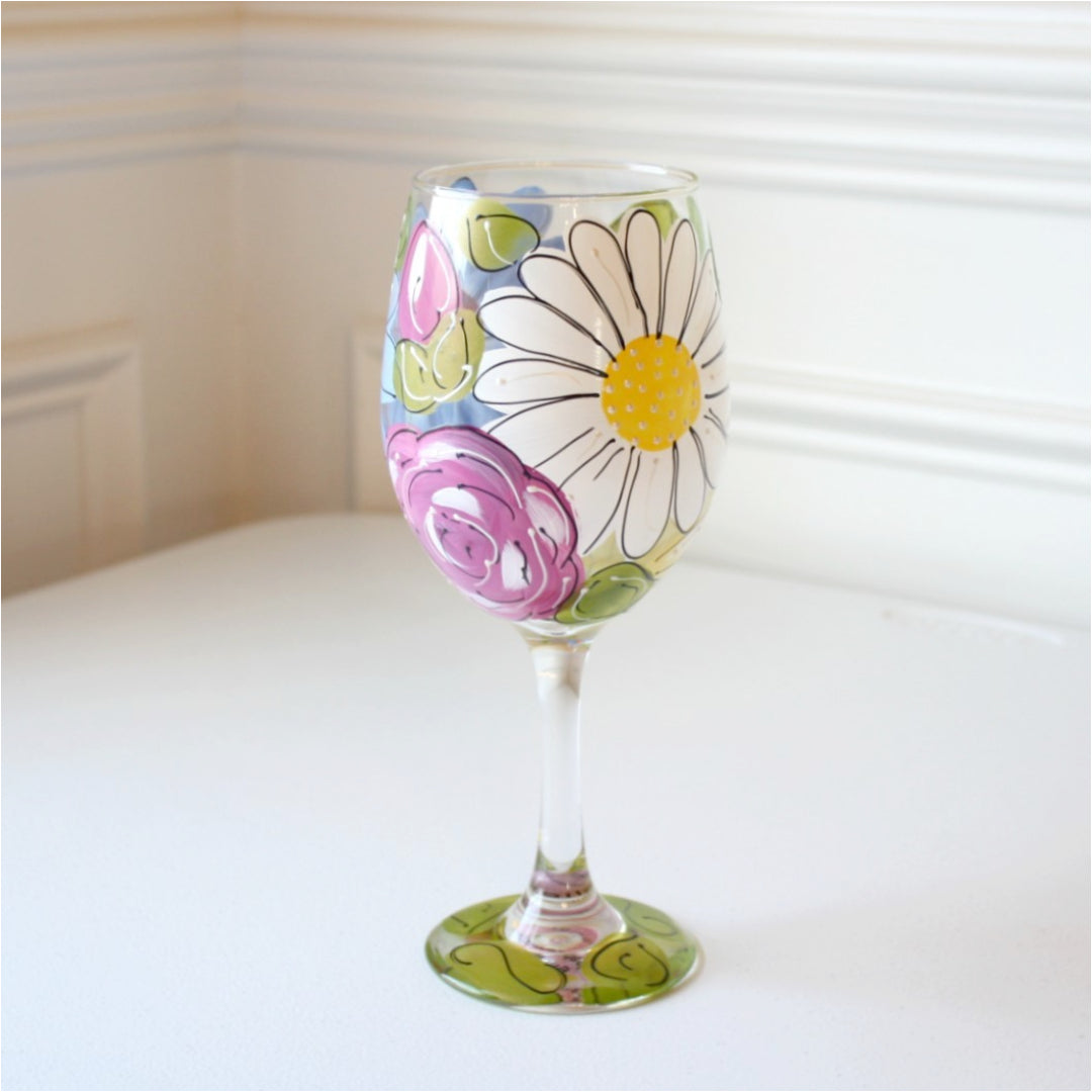 Daisy Painted Wine Glass, Floral Glassware