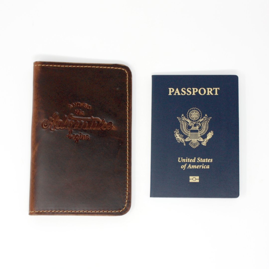 Handcrafted Leather Passport Cover - And so the Adventure Begins - Made in the USA