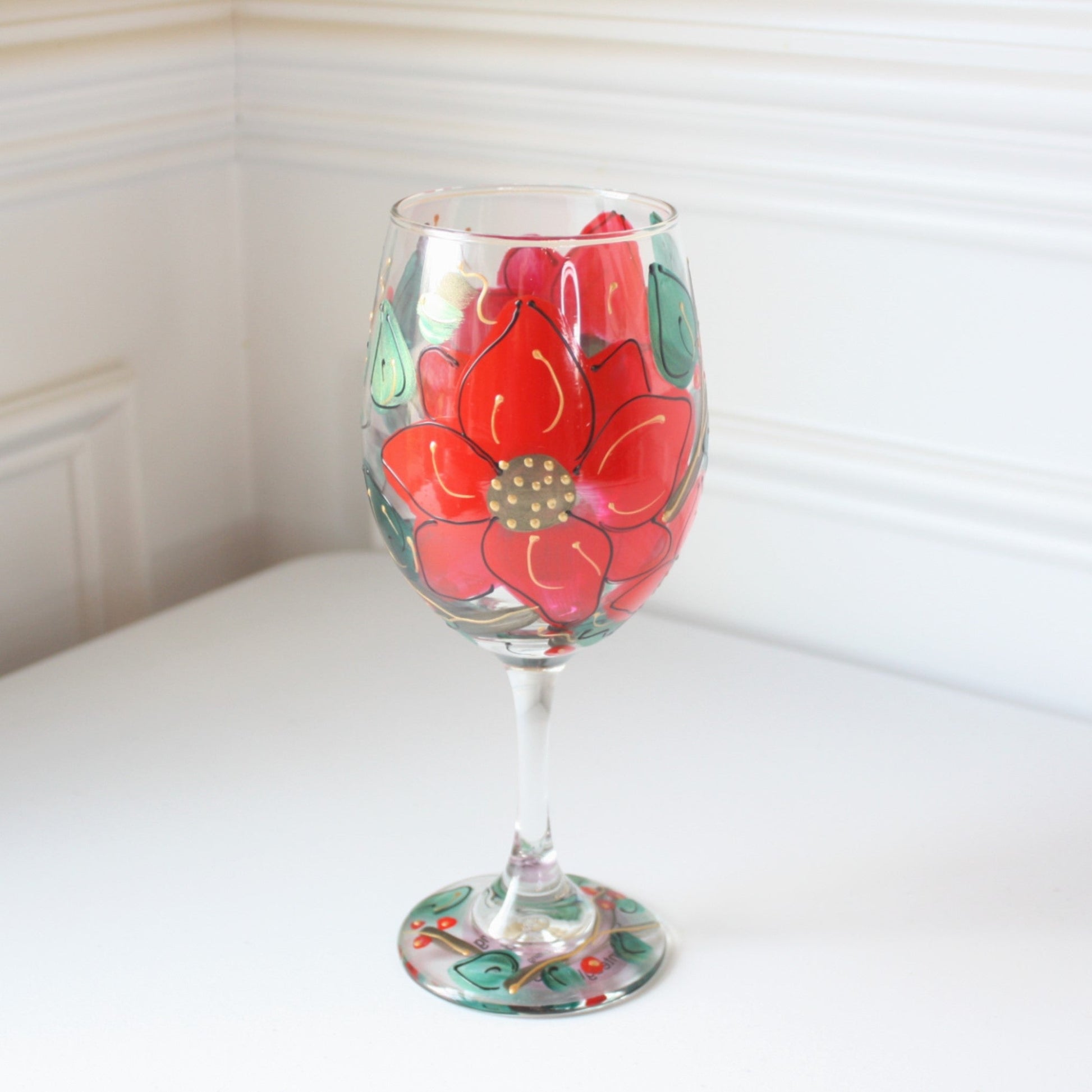 Hand Painted Wine Glasses - Poinsettia - Made in the USA
