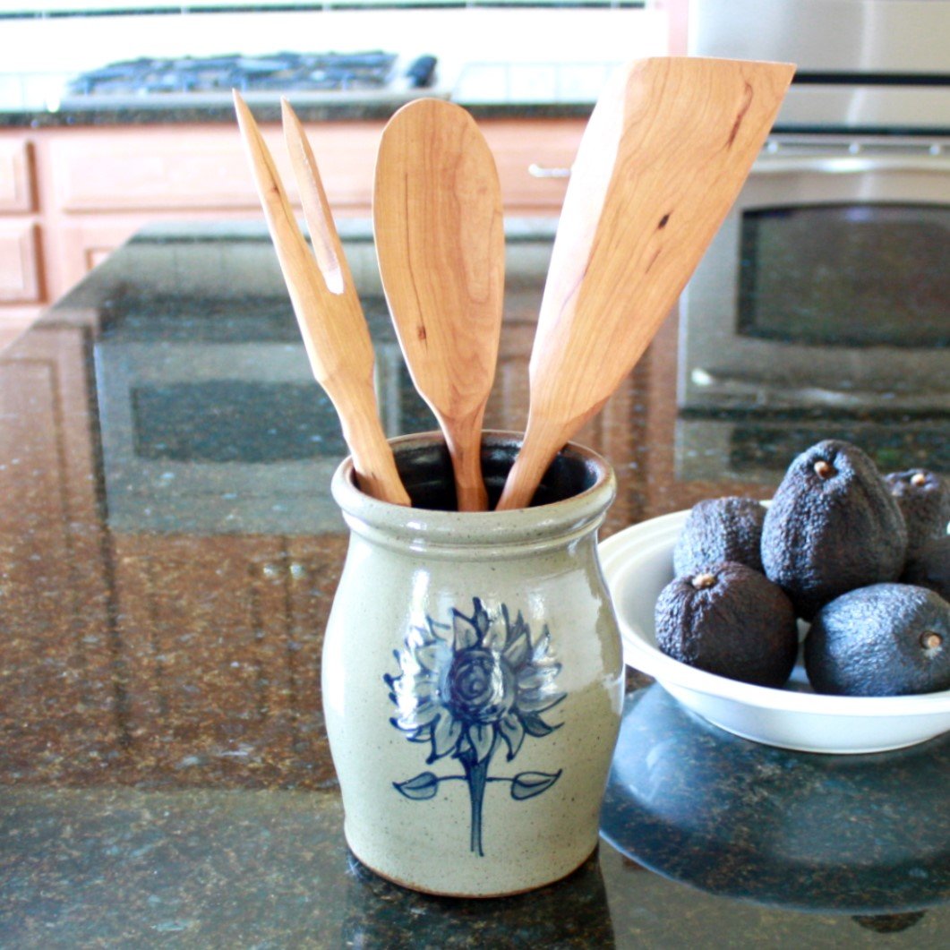 Sunflower Hand Painted Pottery Utensil Holder - Made in the USA