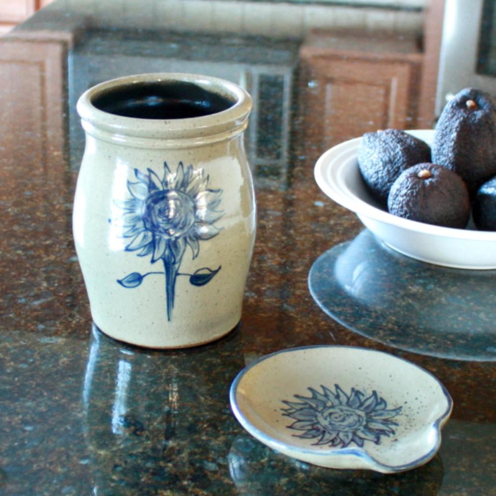 Sunflower Hand Painted Pottery Utensil Holder - Made in the USA