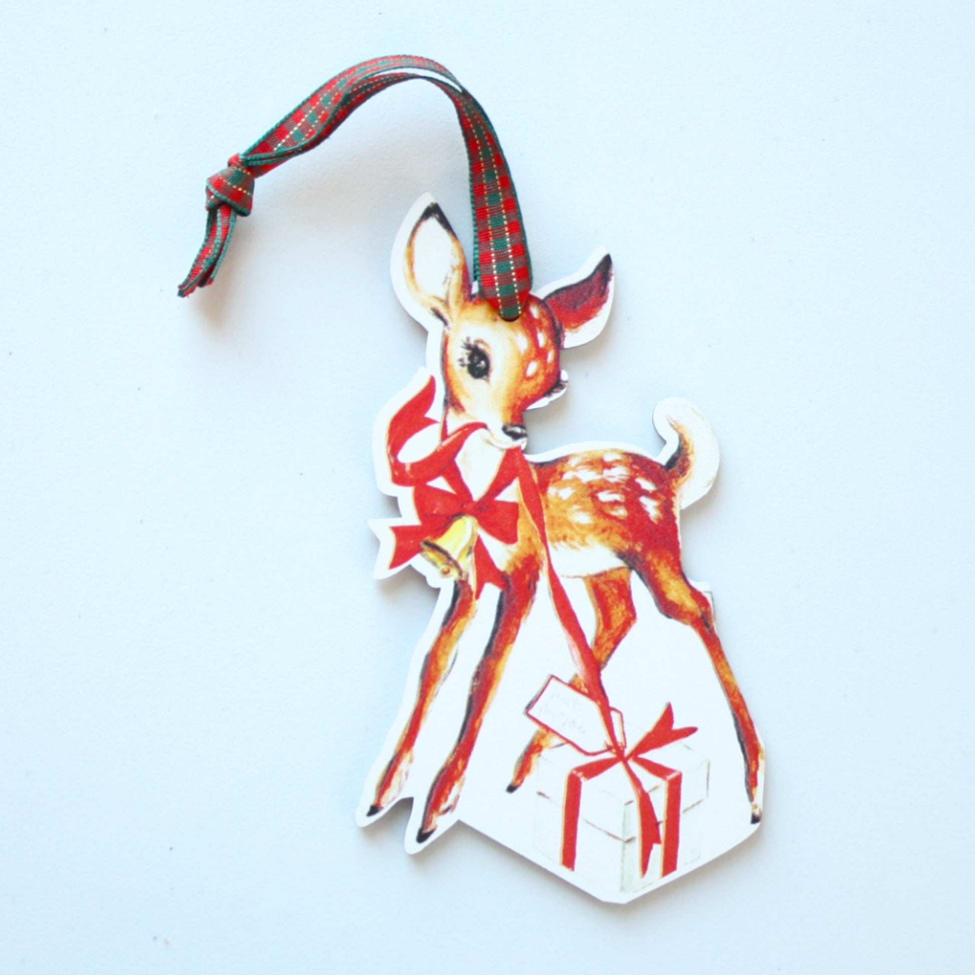 Vintage Style Reindeer with Gift - Wood Christmas Ornament - Made in the USA