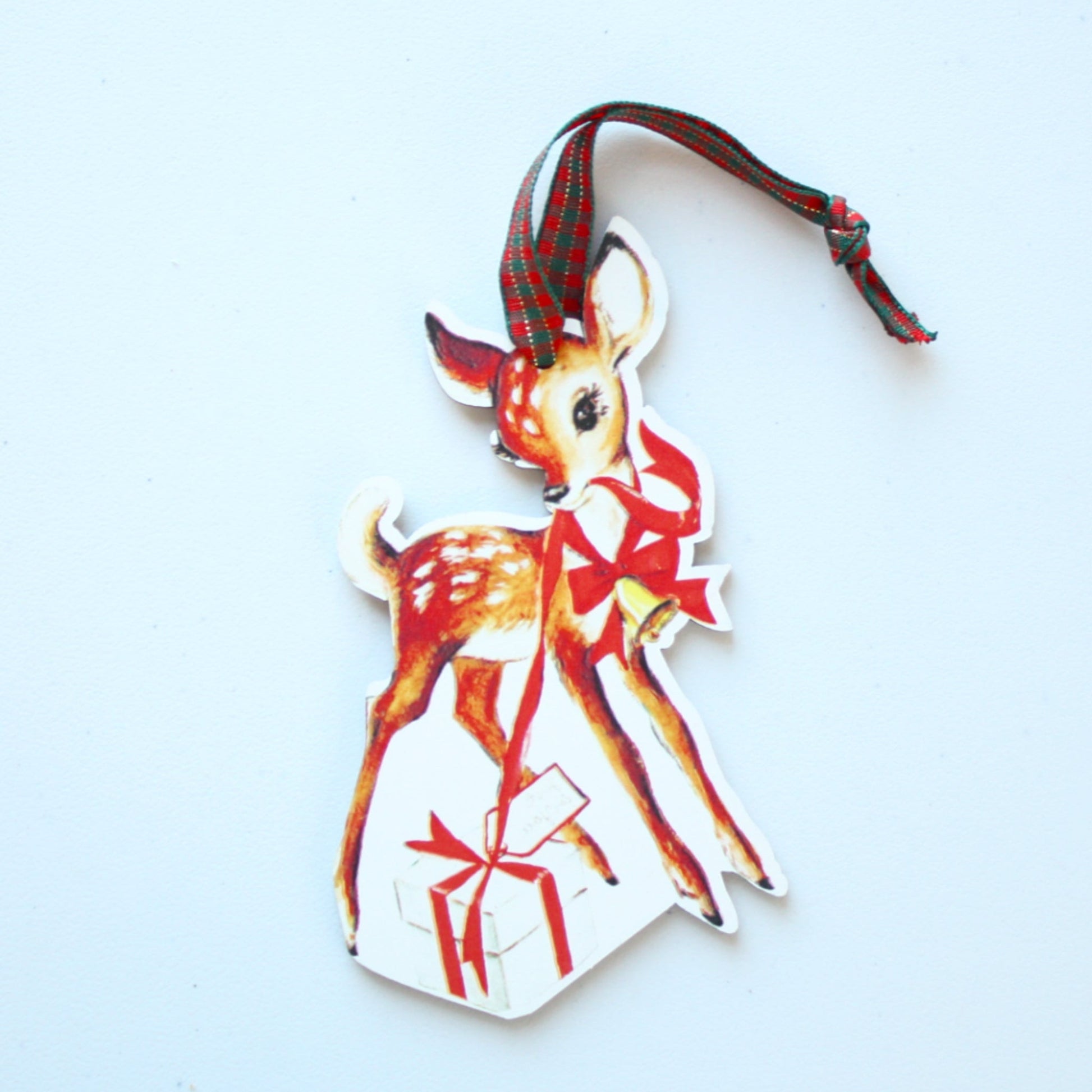 Vintage Style Reindeer with Gift - Wood Christmas Ornament - Made in the USA