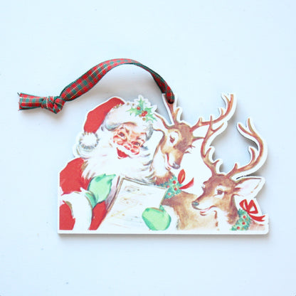 Vintage Style Santa Reading to Reindeer - Wood Christmas Ornament - Made in the USA