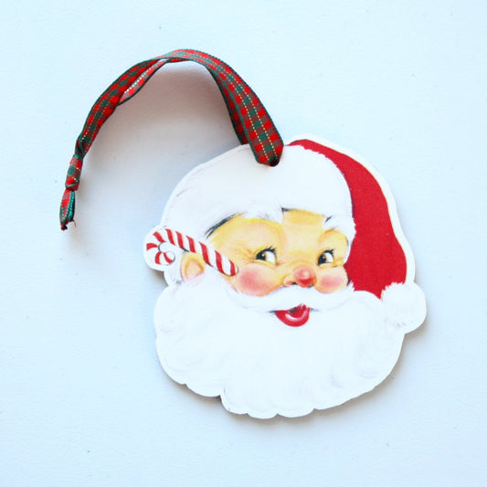 Vintage Style Santa with Candy Cane - Wood Christmas Ornament - Made in the USA